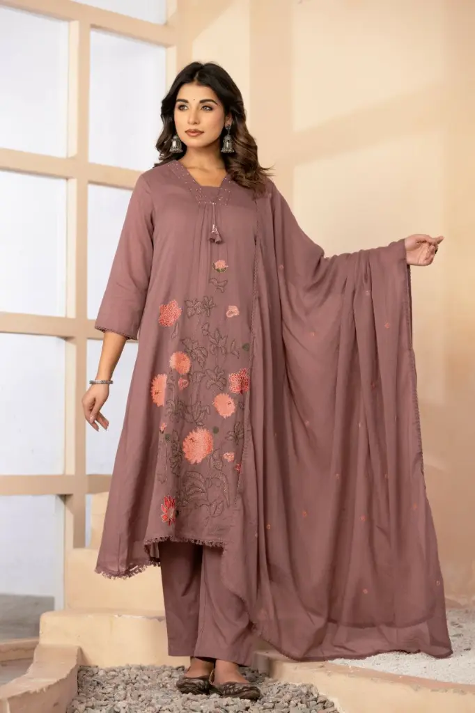 Mauve Rose Embroidered Mull Cotton Kurta Set