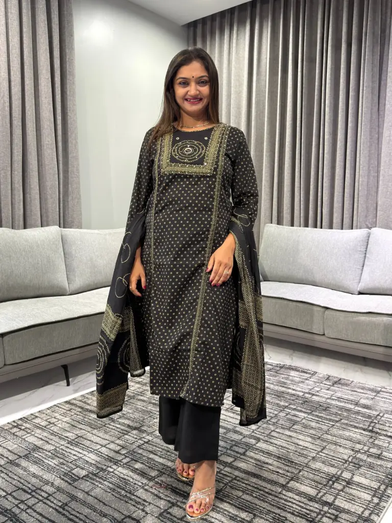 Black Mirror Work Printed Cotton Kurta Set