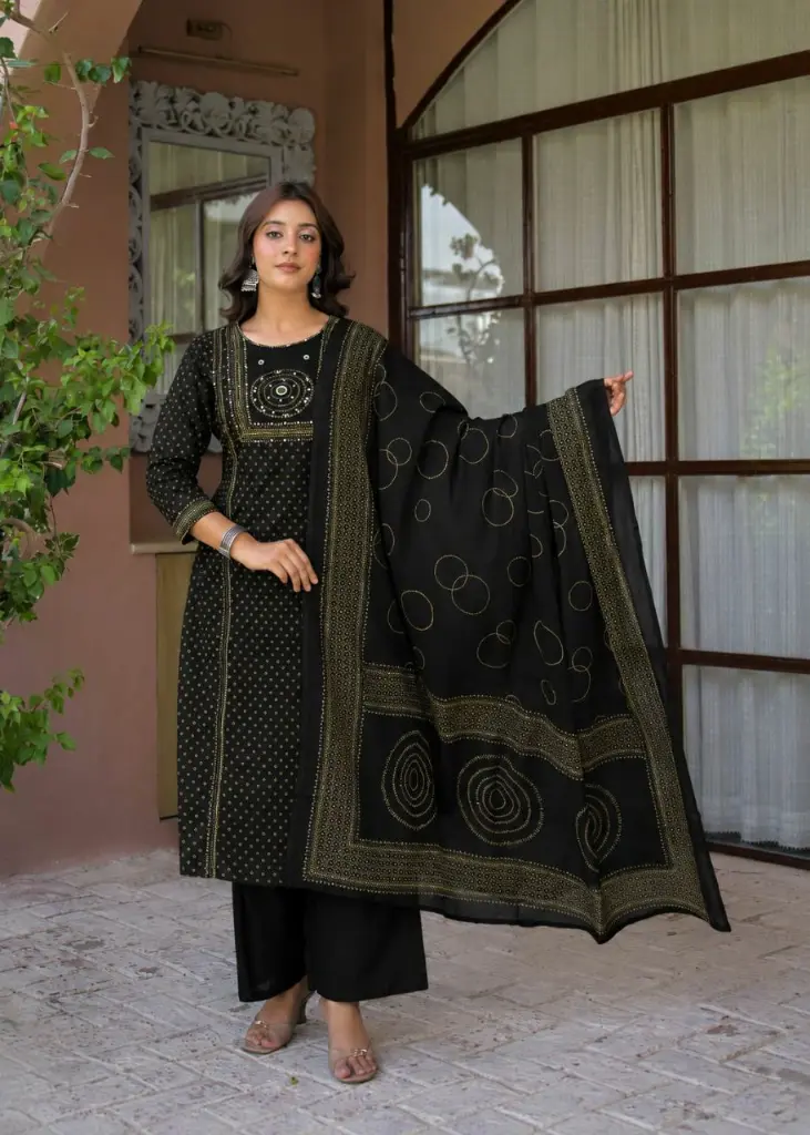 Black Mirror Work Printed Cotton Kurta Set
