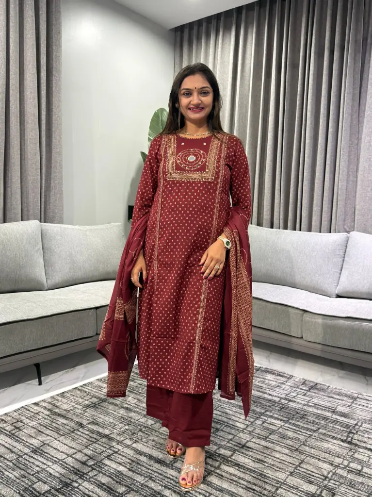 Signature Burgundy Gold Bandhani Kurta Set