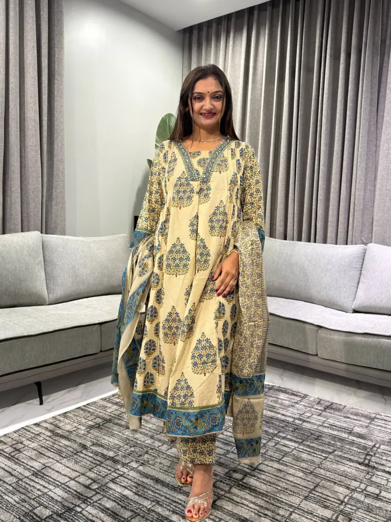 Beige Floral Block Print Cotton Kurta Set