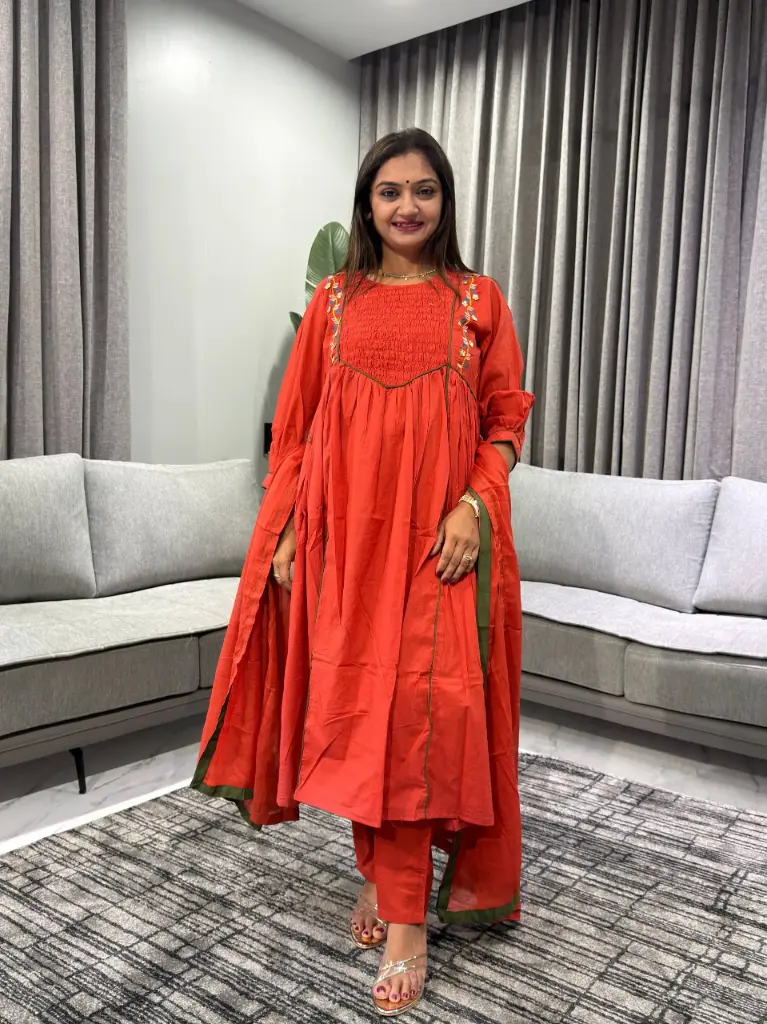 Rust Red Embroidered Anarkali Cotton Kurta Set