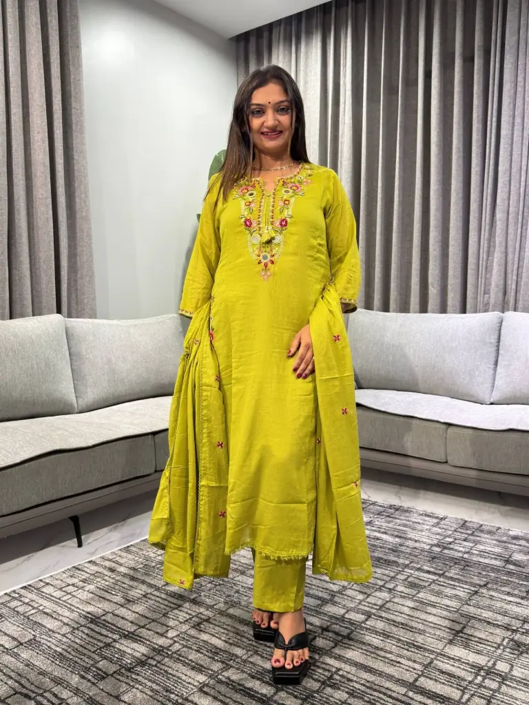 Olive Green Embroidered Mull Cotton Kurta Set