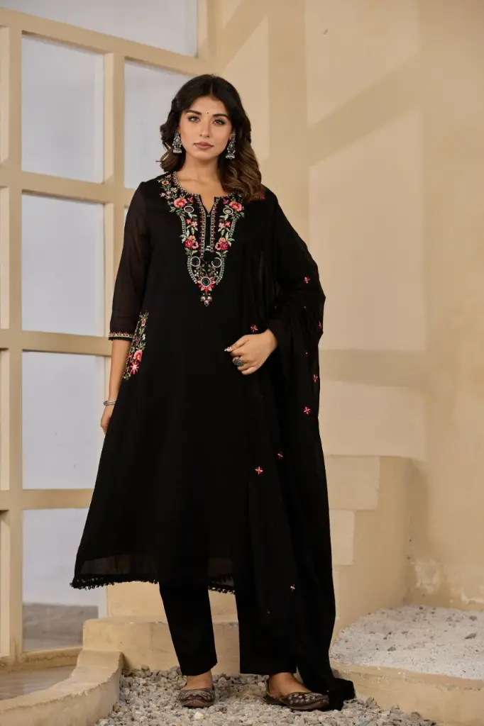 Midnight Black Embroidered Mull Cotton Kurta Set