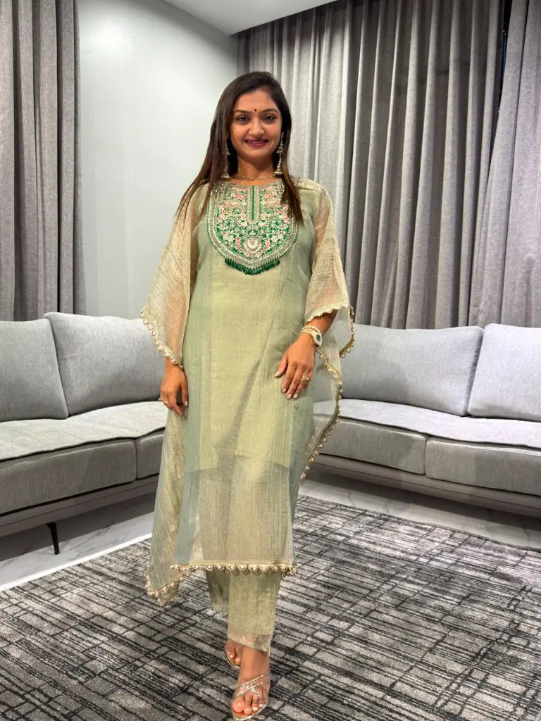Sage Glow Pure Glass Tissue Kurta Set
