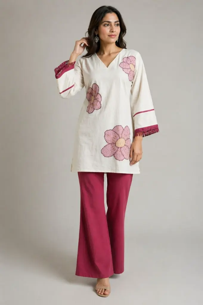 Off-White & Magenta Floral Embroidered Cotton Co-ord Set