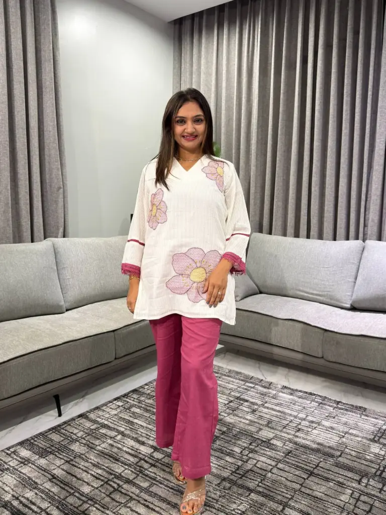 Off-White & Magenta Floral Embroidered Cotton Co-ord Set