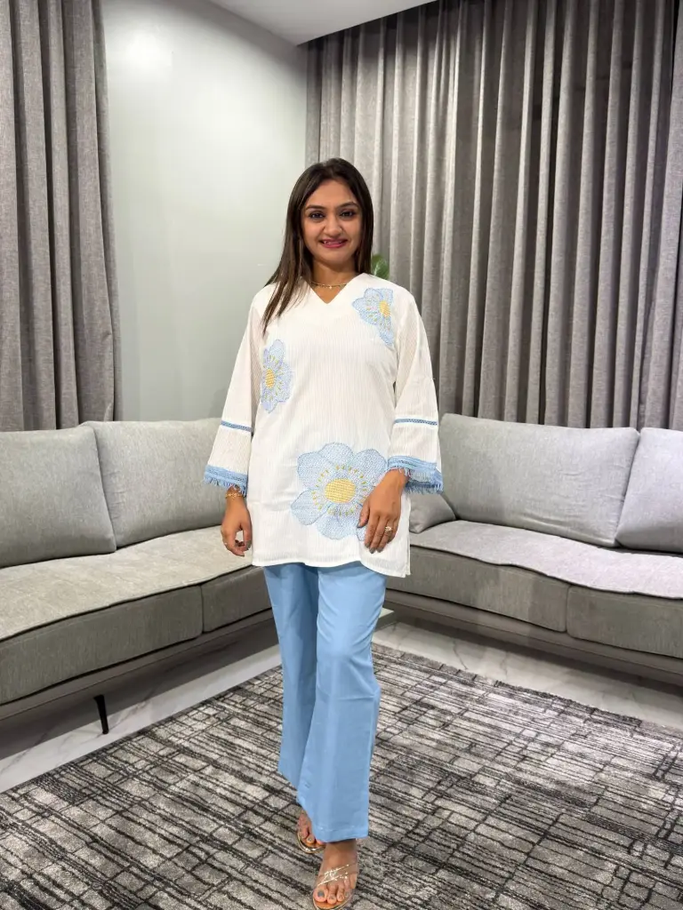 Off-White & Slate Blue Floral Embroidered Cotton Co-ord Set