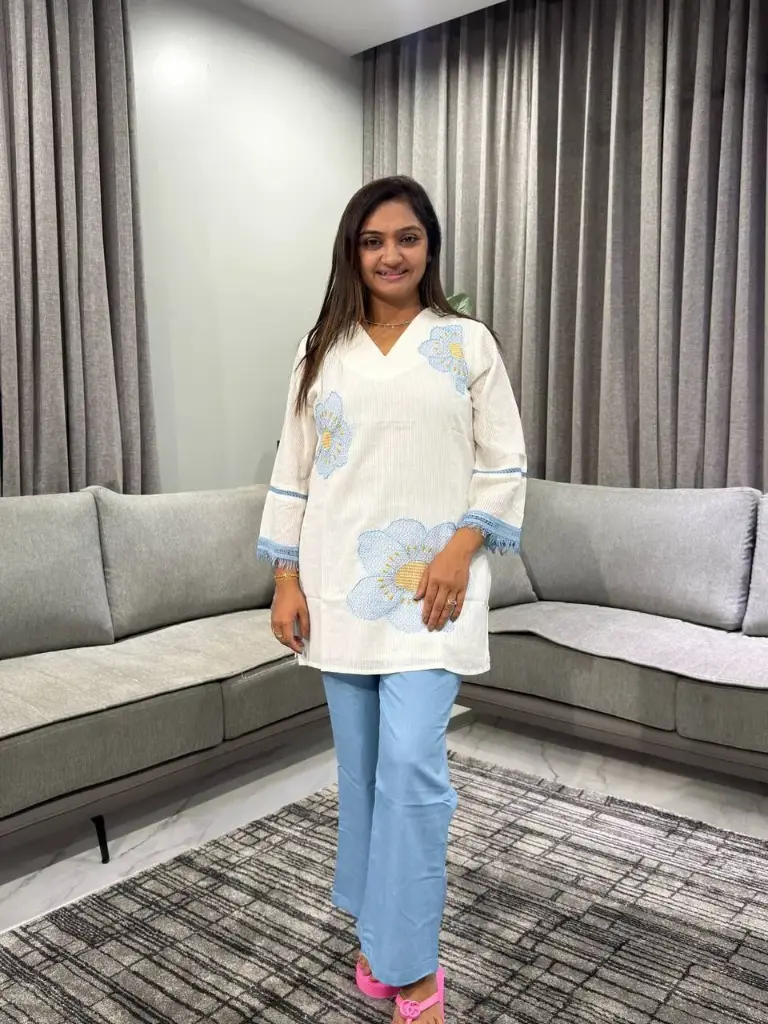 Off-White & Slate Blue Floral Embroidered Cotton Co-ord Set