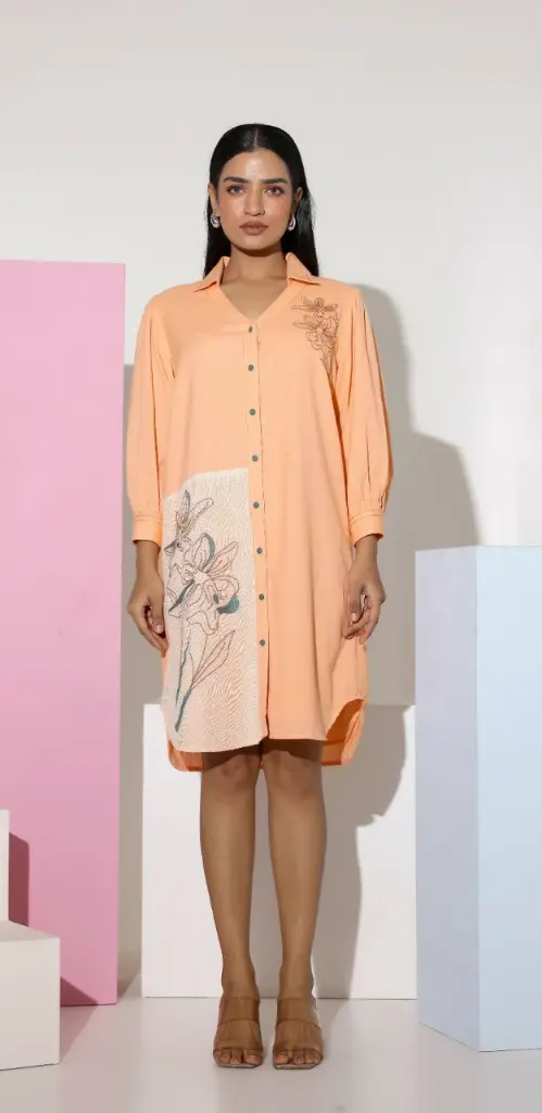 Peach Floral Embroidered Button-Down Cotton Tunic