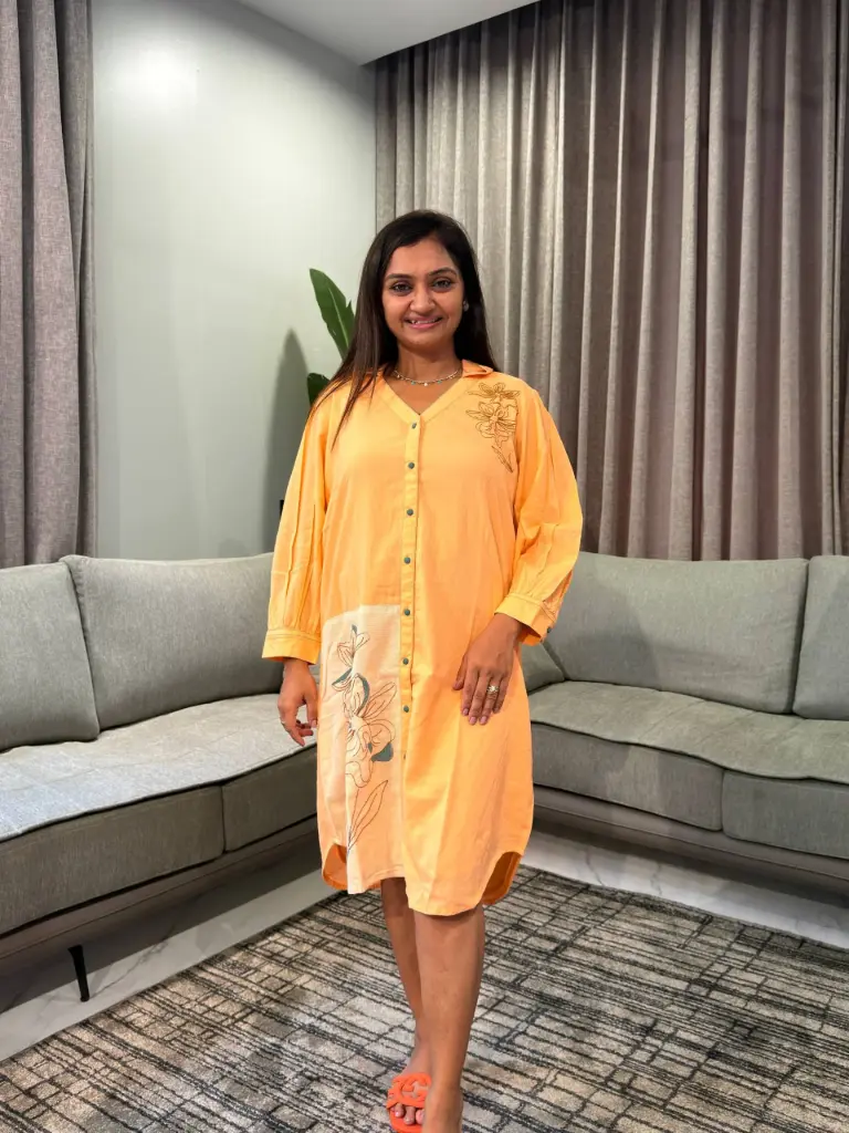Peach Floral Embroidered Button-Down Cotton Tunic