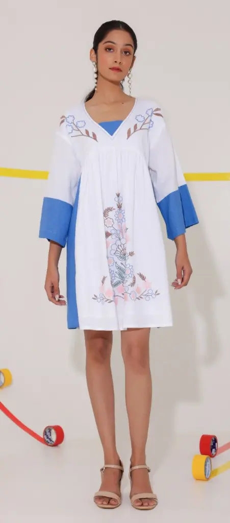 White & Royal Blue Floral Embroidered Cotton Tunic