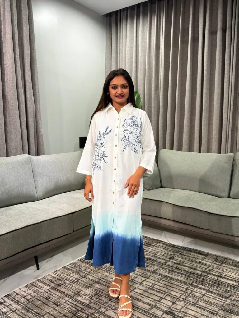 White & Indigo Blue Ombré Floral Shirt Dress