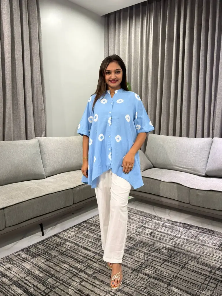 Sky Blue Shibori Print High-Low Cotton Co-Ord Set