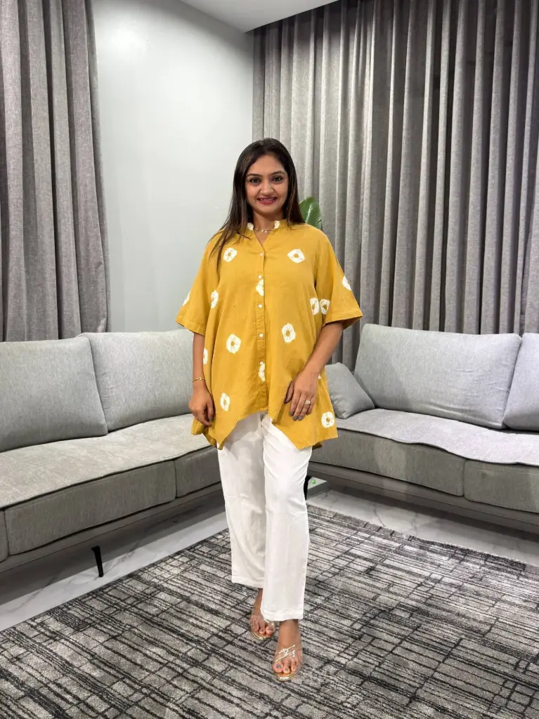 Mustard Yellow Shibori Print High-Low Cotton Co-Ord Set