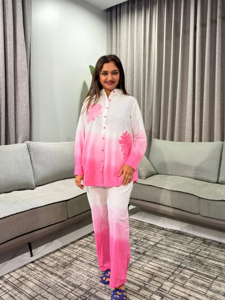 Pink Ombré Floral Embroidered Cotton Co-Ord Set