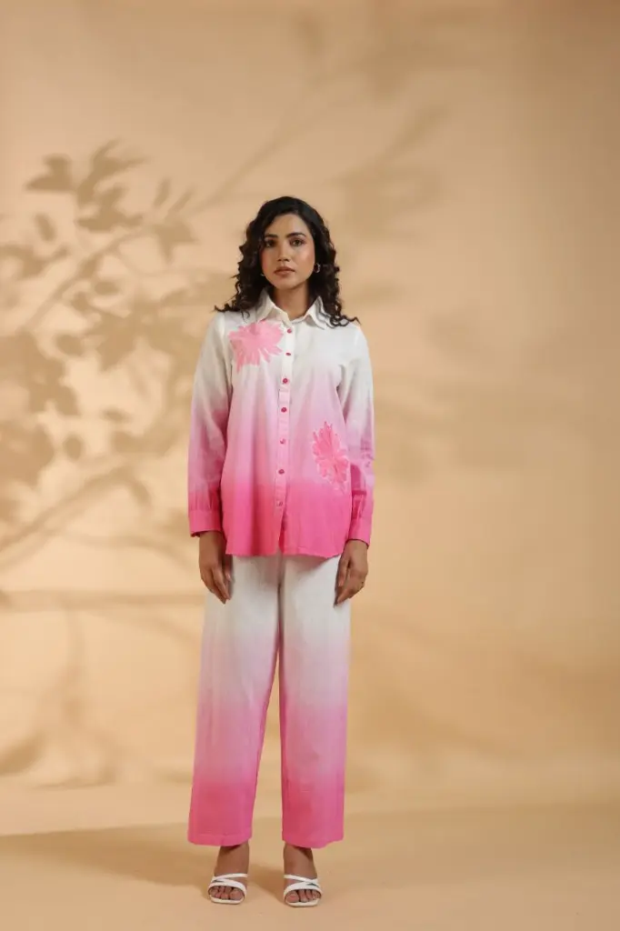 Pink Ombré Floral Embroidered Cotton Co-Ord Set