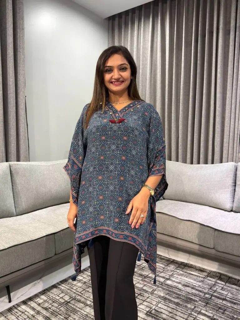 Indigo Blue Ajrakh Printed Natural Crepe Kaftan Top