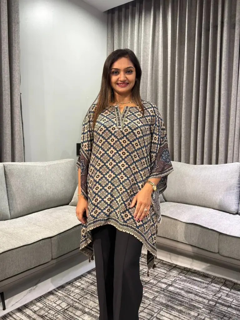 Beige & Indigo Geometric Natural Crepe Kaftan Top
