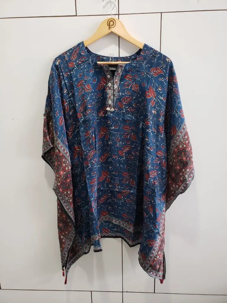 Teal Blue Kalamkari Floral Natural Crepe Kaftan Top