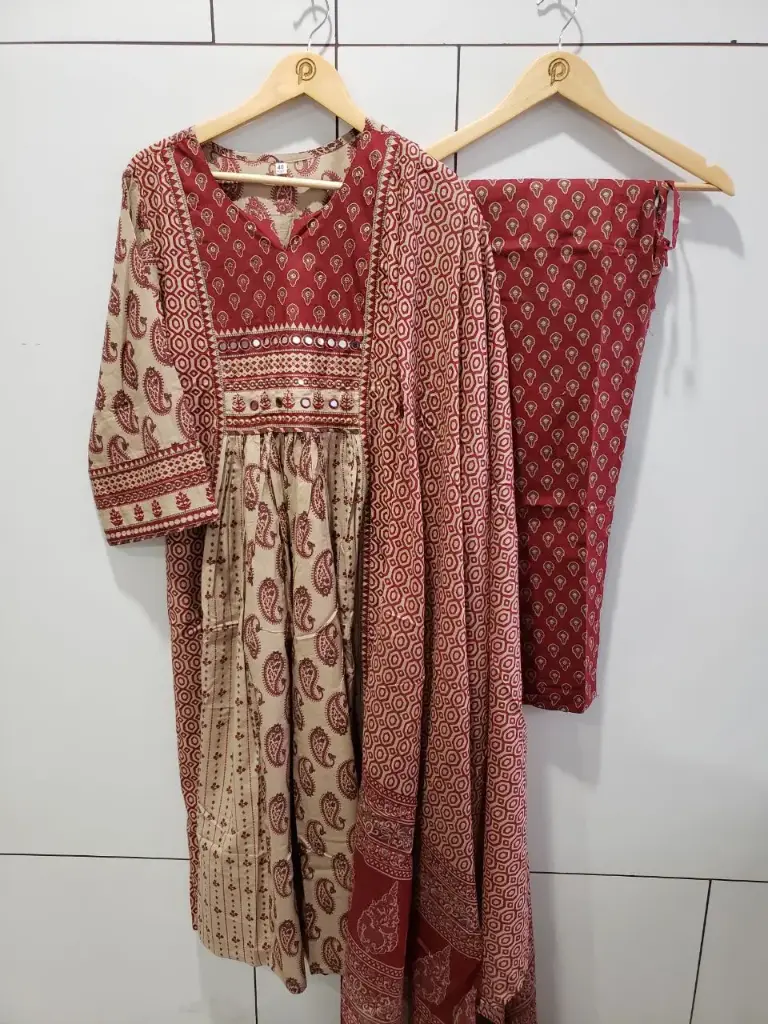 Maroon & Beige Ajrakh Printed Cotton Kurta Set with Dupatta