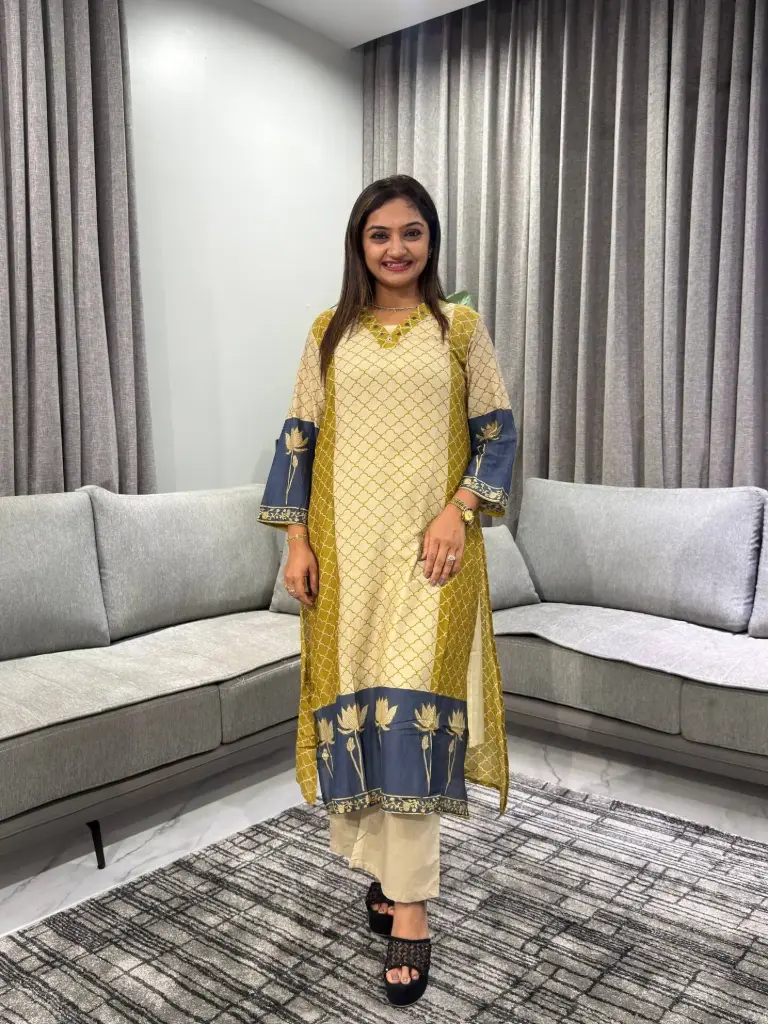 Mustard & Cream Mull Chanderi Lotus Print Kurta Set