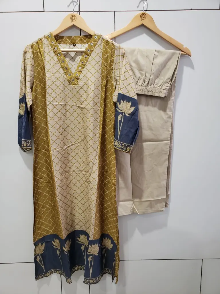 Mustard & Cream Mull Chanderi Lotus Print Kurta Set