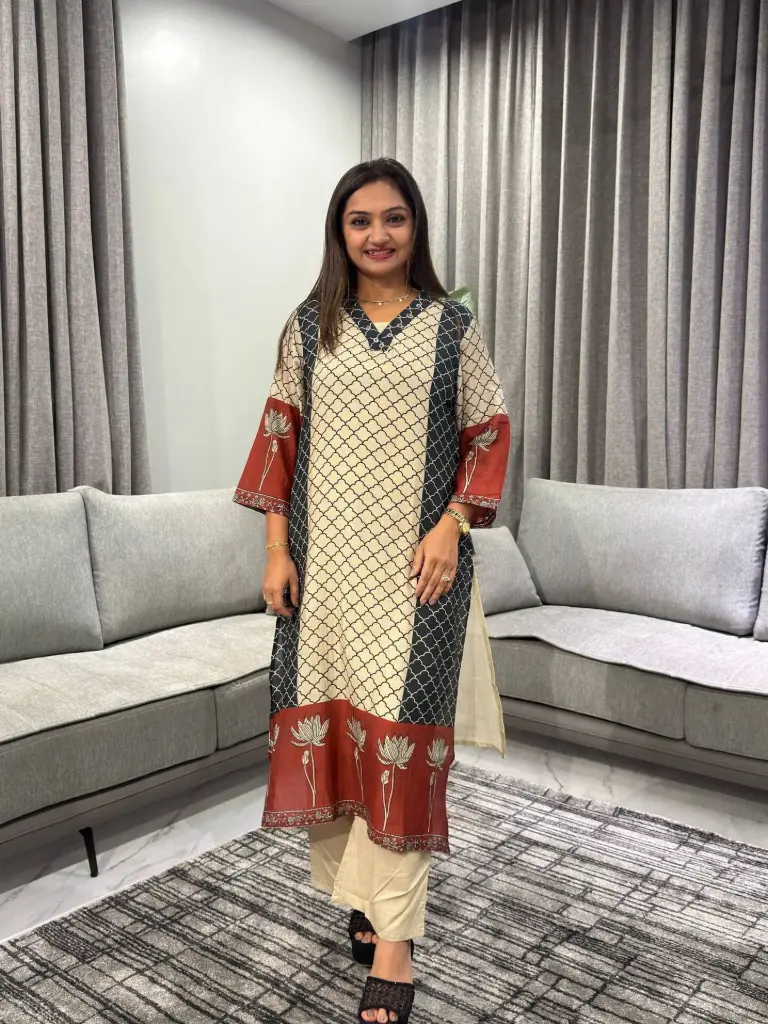Black & Beige Mull Chanderi Lotus Print Kurta Set