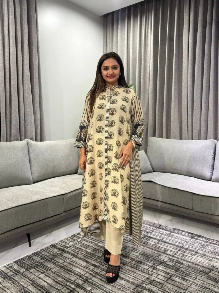 Beige Peacock Motif Viscose Muslin Kurta Set