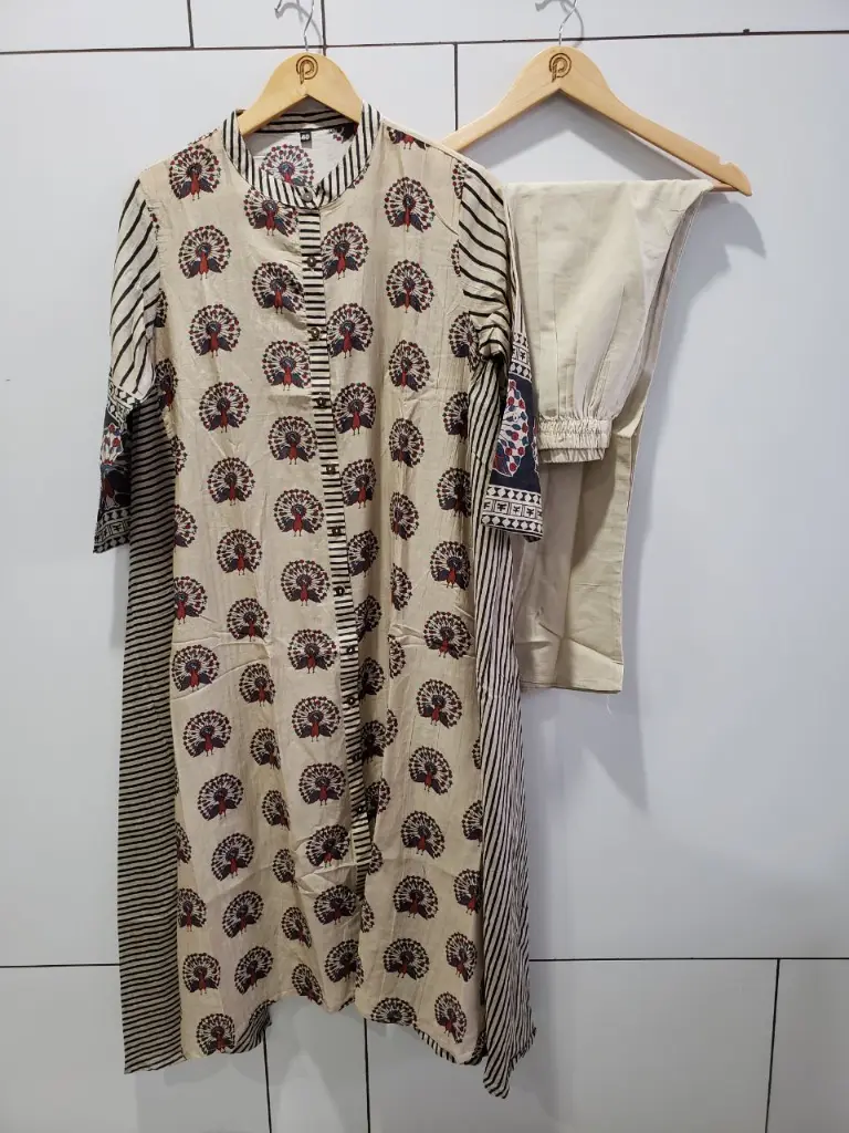 Beige & Rust Red Peacock Motif Viscose Muslin Kurta Set