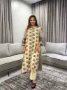 Beige & Rust Red Peacock Motif Viscose Muslin Kurta Set