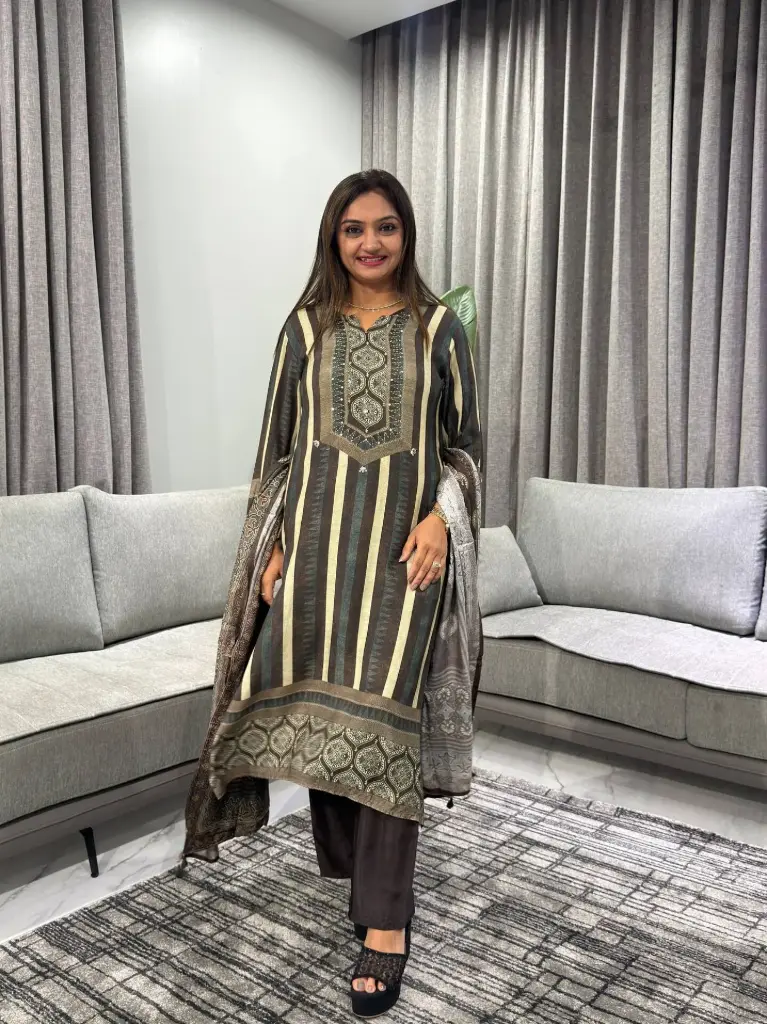 Charcoal Brown Striped Viscose Muslin Kurta Set with Dupatta