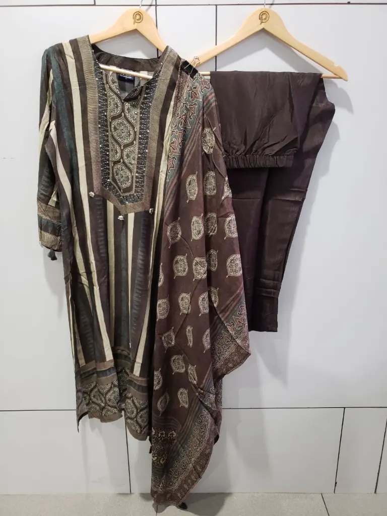 Charcoal Brown Striped Viscose Muslin Kurta Set with Dupatta