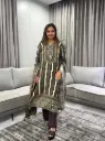 Charcoal Brown Striped Viscose Muslin Kurta Set with Dupatta