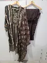 Charcoal Brown Striped Viscose Muslin Kurta Set with Dupatta