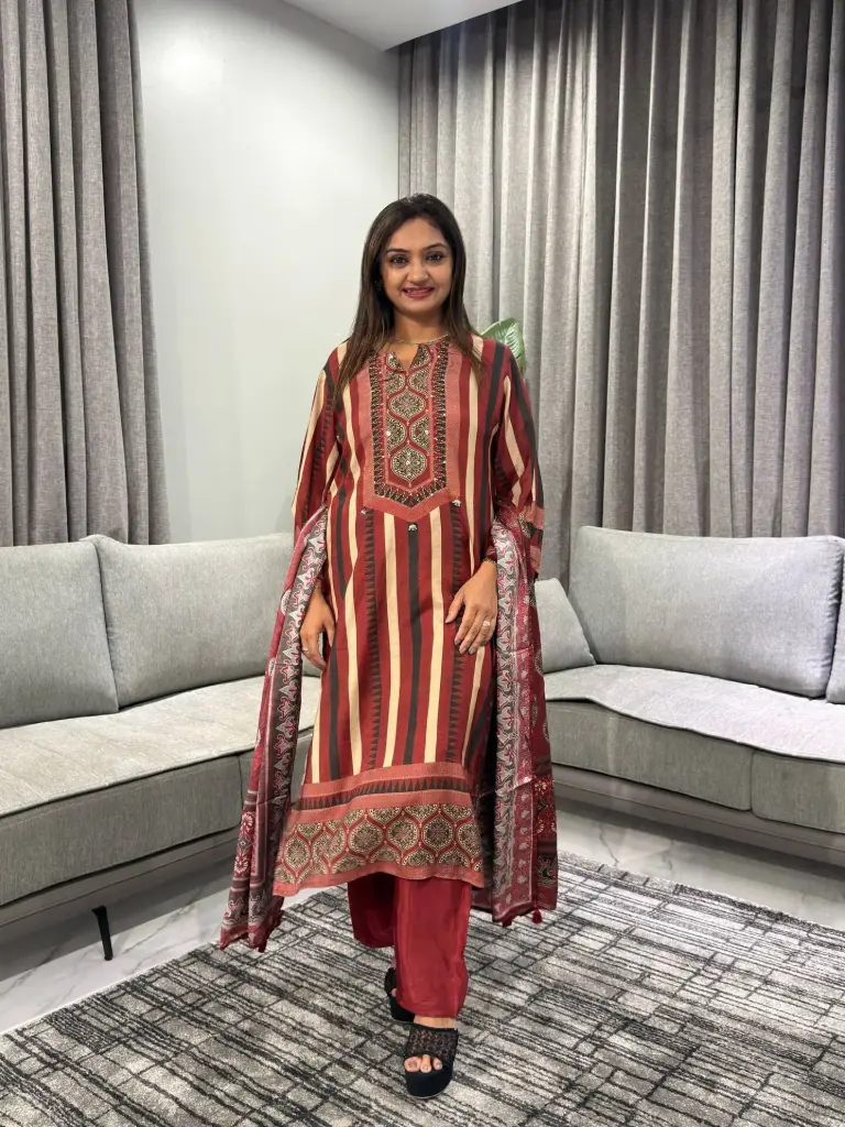 Rust Red & Beige Striped Viscose Muslin Kurta Set with Dupatta
