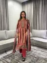 Rust Red & Beige Striped Viscose Muslin Kurta Set with Dupatta