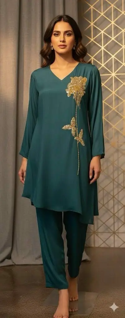 Teal Green Pure Chinon Co-Ord Set