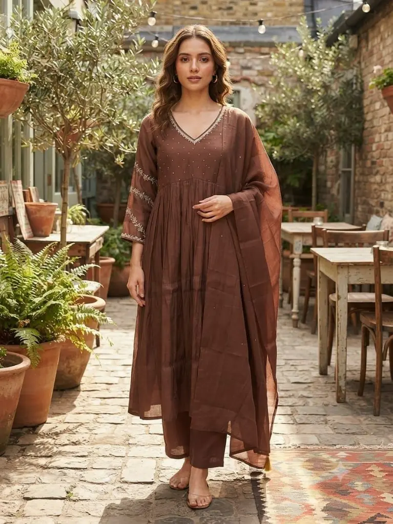 Coffee Brown Pure Mull Chanderi 3-Piece Kurta Set
