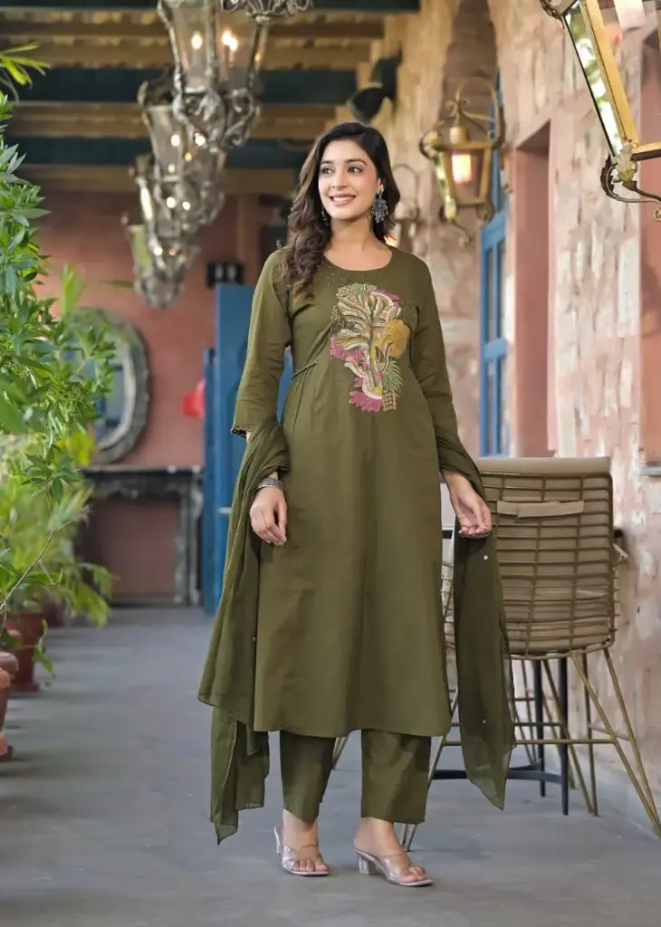 Green Premium Mul Cotton A Line Kurti set 