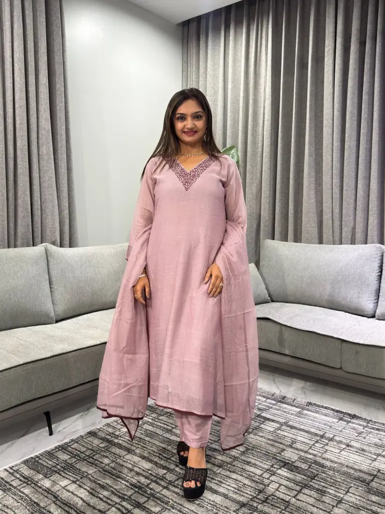 Dusty Mauve Hand-Beaded Banarasi Mull Chanderi Kurta Set