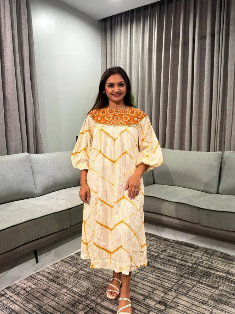 Premium Knitted Cotton Geometric Yoke Dress – Ivory Glow