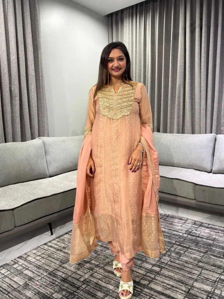 Rose Gold Tissue Embroidered Kurta Set