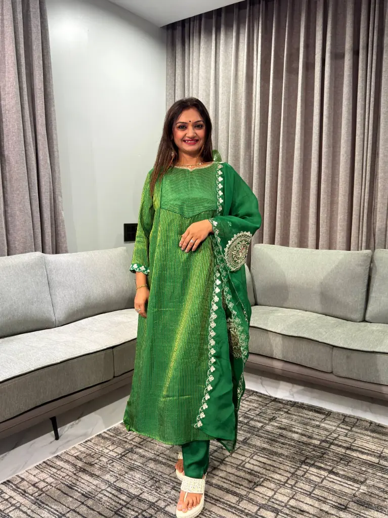 Emerald Floral Festive Tissue 3-Piece Kurta Set