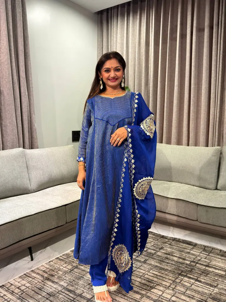 Royal Blue Floral Festive Tissue 3-Piece Kurta Set