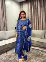 Royal Blue Floral Festive Tissue 3-Piece Kurta Set