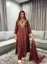Chocolate Brown Golden Embroidered Festive Tissue 3-Piece Kurta Set
