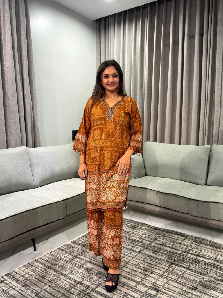 Chocolate Brown Floral Discharge Rayon Co-ord Set
