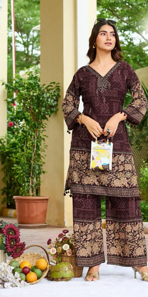 Deep Plum Floral Discharge Rayon Co-ord Set