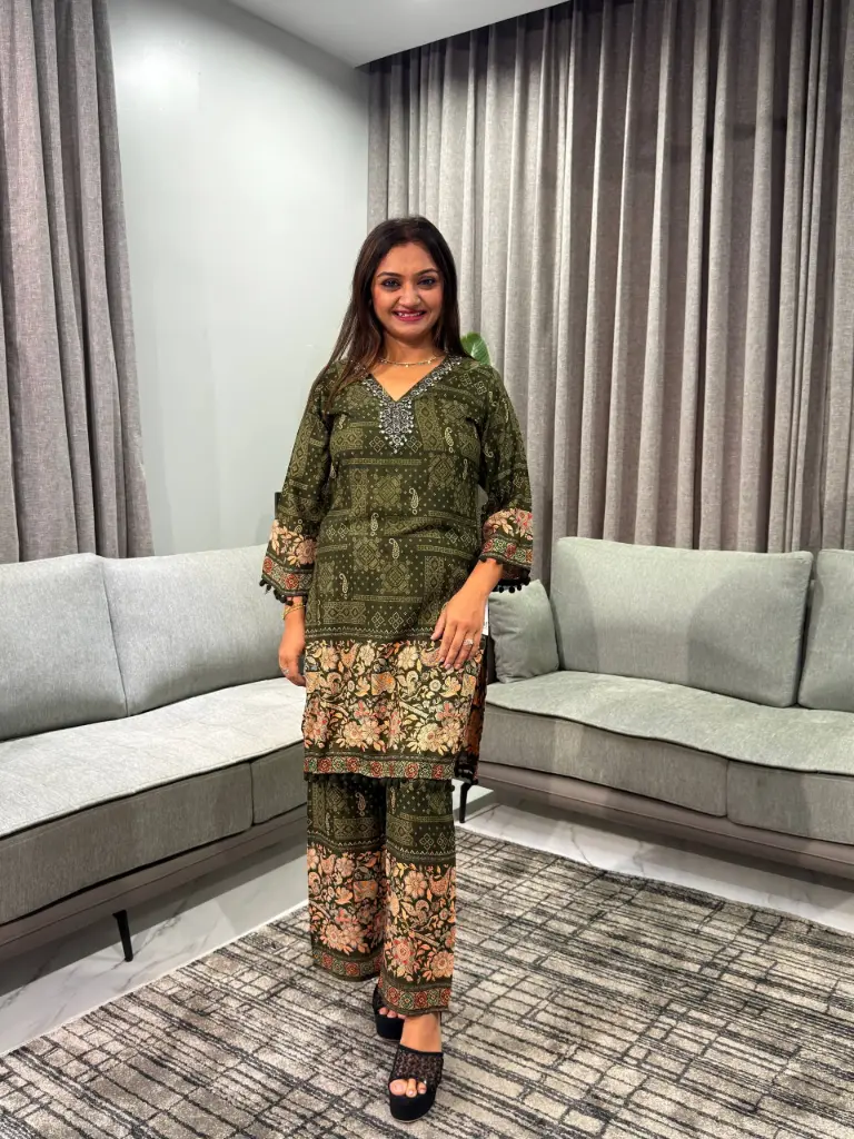 Olive Green Floral Discharge Rayon Co-ord Set